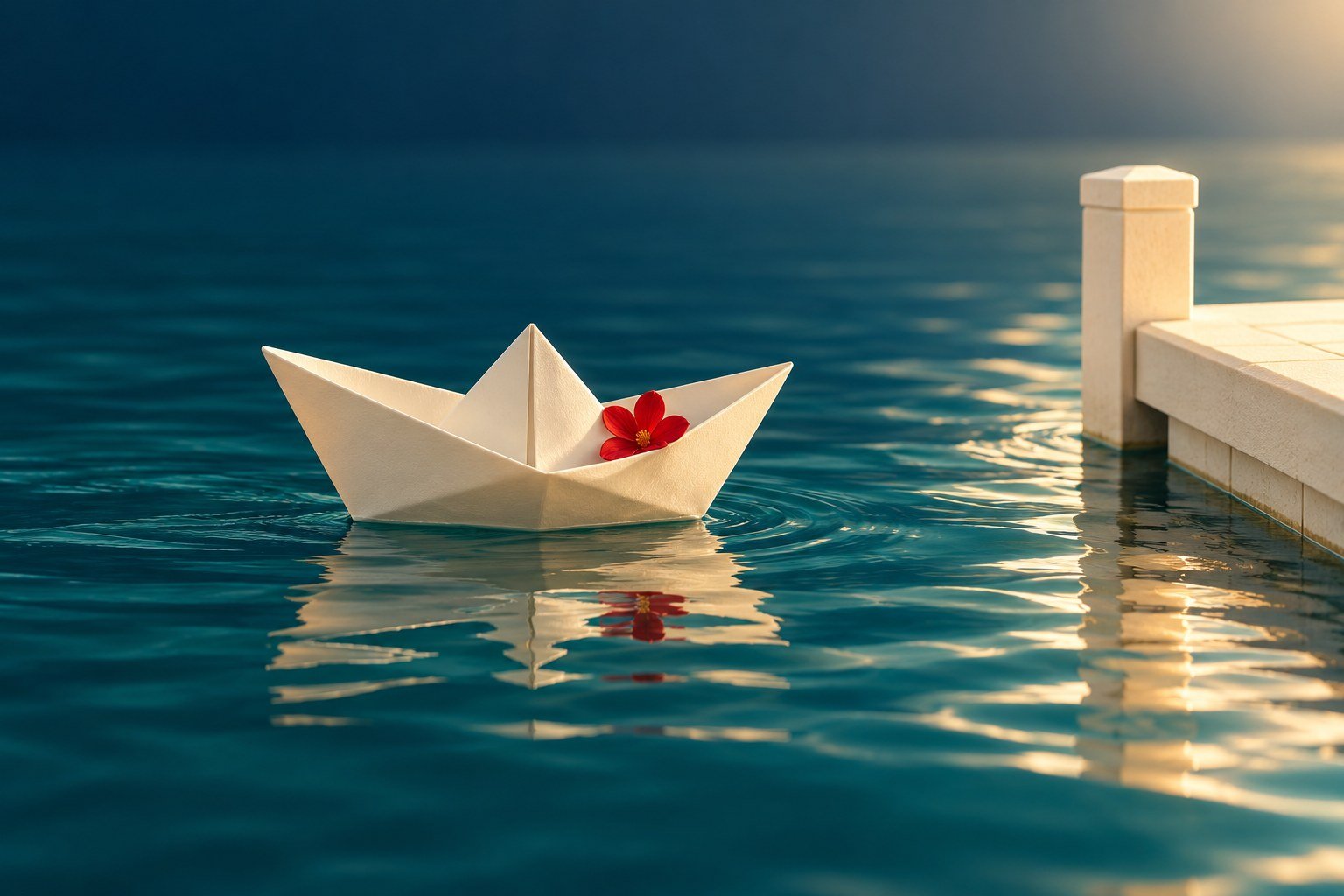 A boat with a single flower approaching a welcoming landing on calm teal water