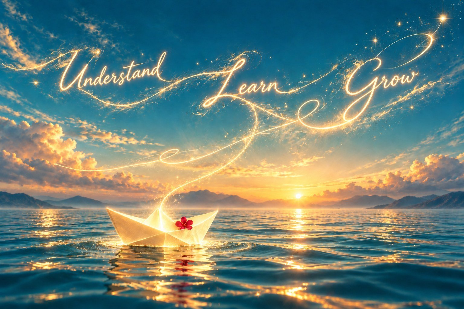 Understand, Learn and Grow written in a magical sky, illuminating a boat and single flower on teal water